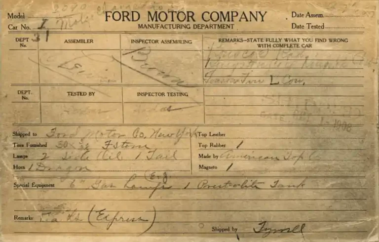 1908 First Model T Ford Production Card